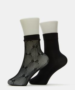 2 PACK BOW FISHNET ANKLET SOCKS BLACK